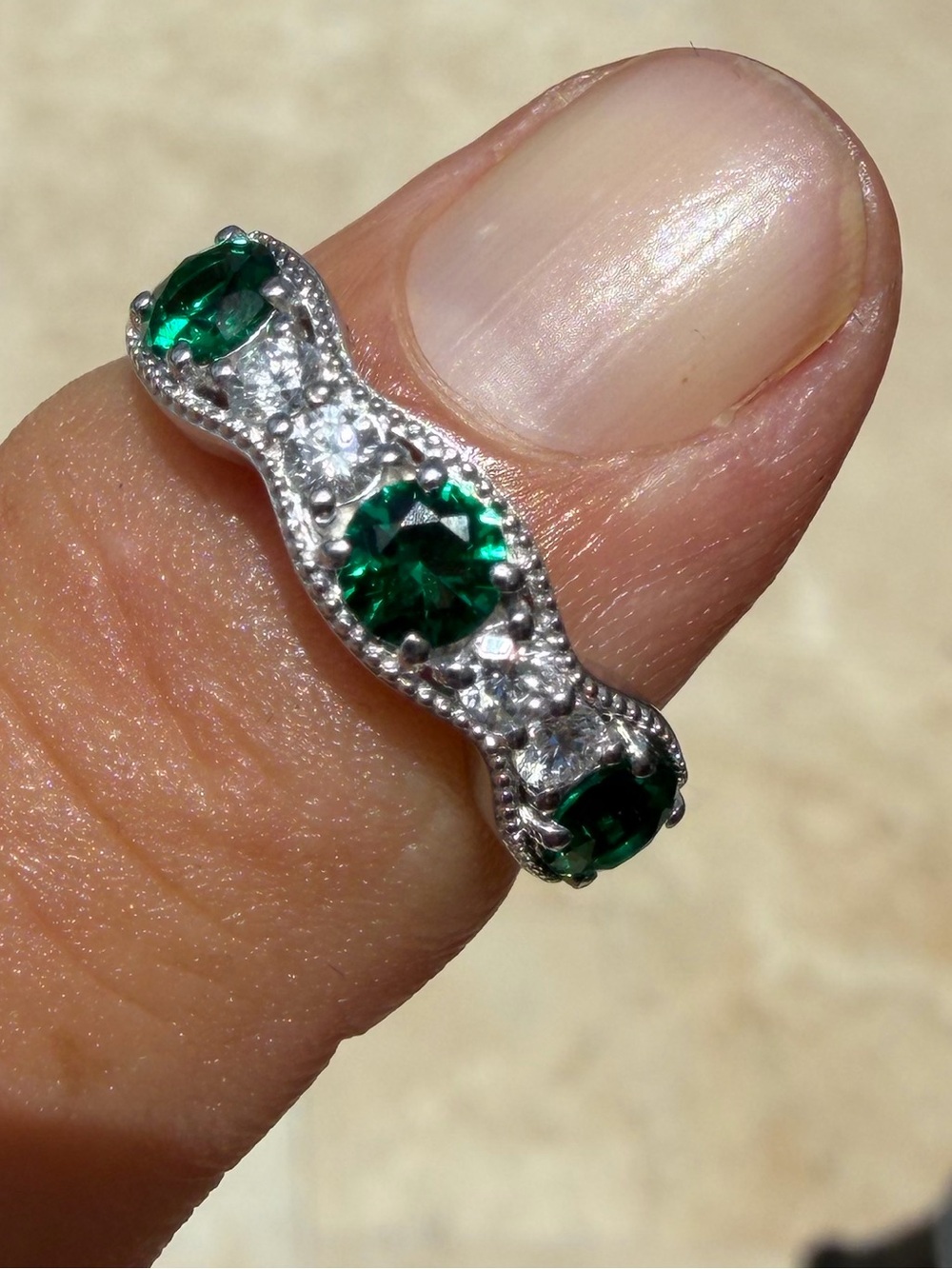Sterling Silver Emerald  Three-Stone Ring with Diamonds 1ctw